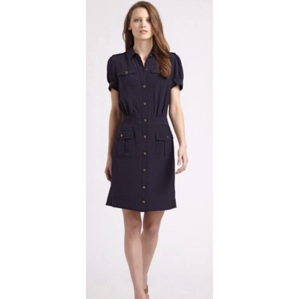 Tory Burch Silk Gennifer Military Shirt Dress 8 Navy Blue Gold Buttons Nautical